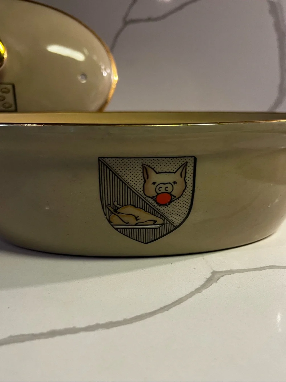 Cream Ceramic Covered Casserole Dish with Gold Trim